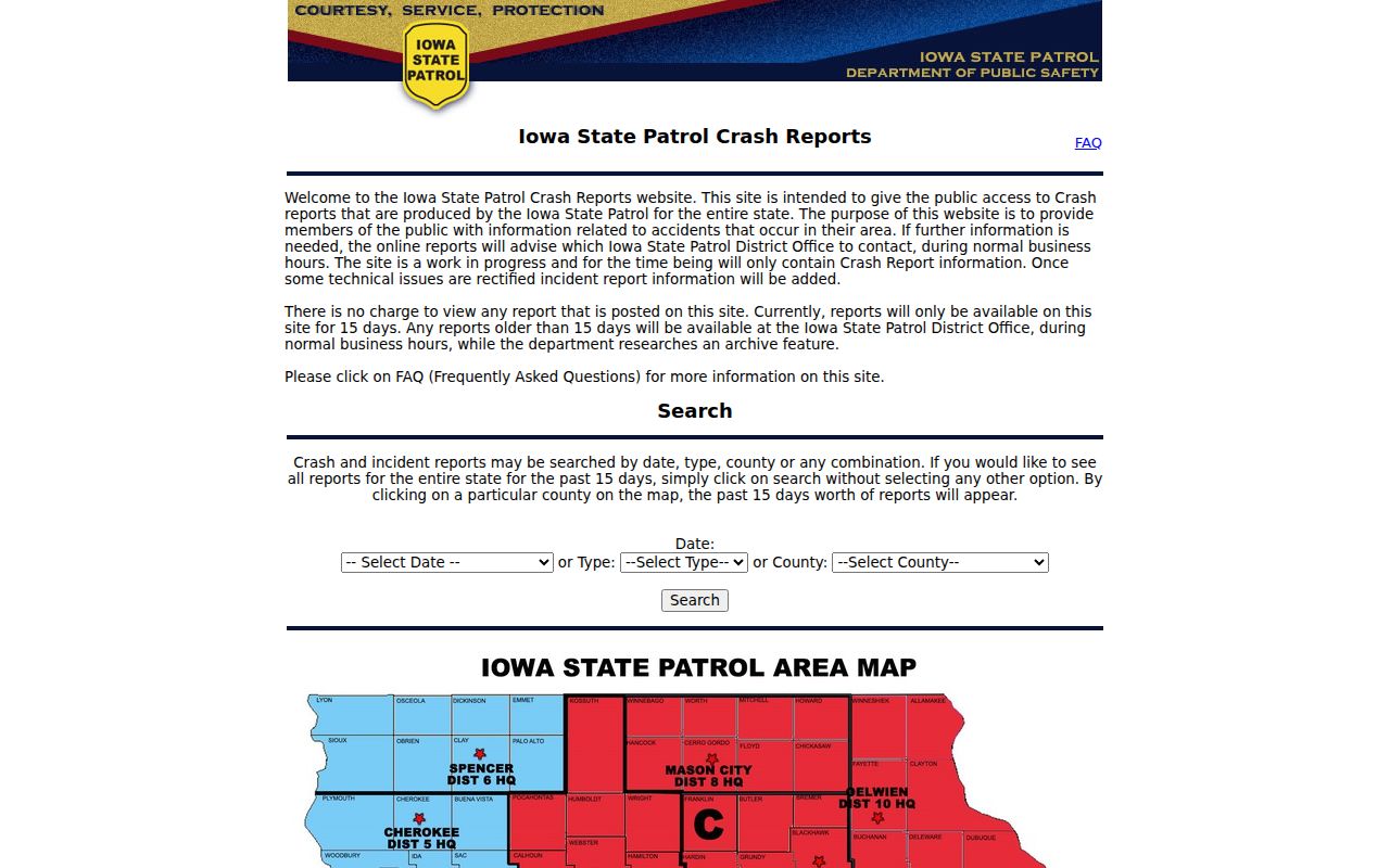 Iowa State Patrol crash report portal for Parkersburg criminal and incident records